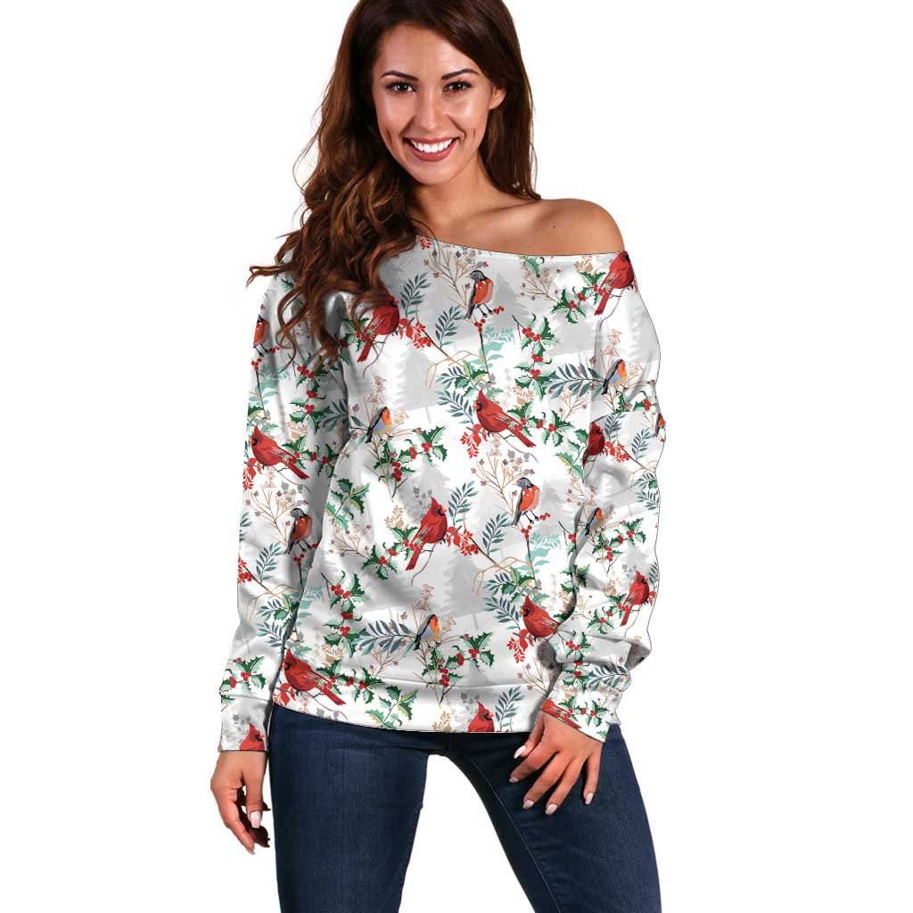 Cardinal Christmas White Off Shoulder Sweater Xmas Pattern - Wonder Print Shop