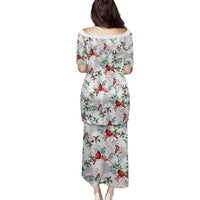 Off-shoulder long dress, back view, white with cardinal bird and leaf print