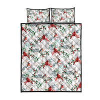 White quilt bed set with cardinal, bird, and holly leaf pattern; 2 square pillows