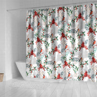 White shower curtain with repeating cardinal, bird, and evergreen leaves pattern
