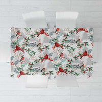 White Christmas tablecloth with red cardinal and green foliage pattern, rectangular