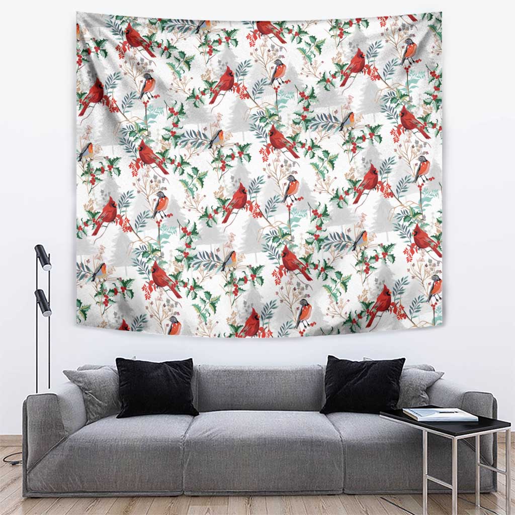 Cardinal Christmas white tapestry with red bird and green leaf pattern, rectangular wall decor