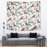 Cardinal Christmas white tapestry with red bird and green leaf pattern, rectangular wall decor