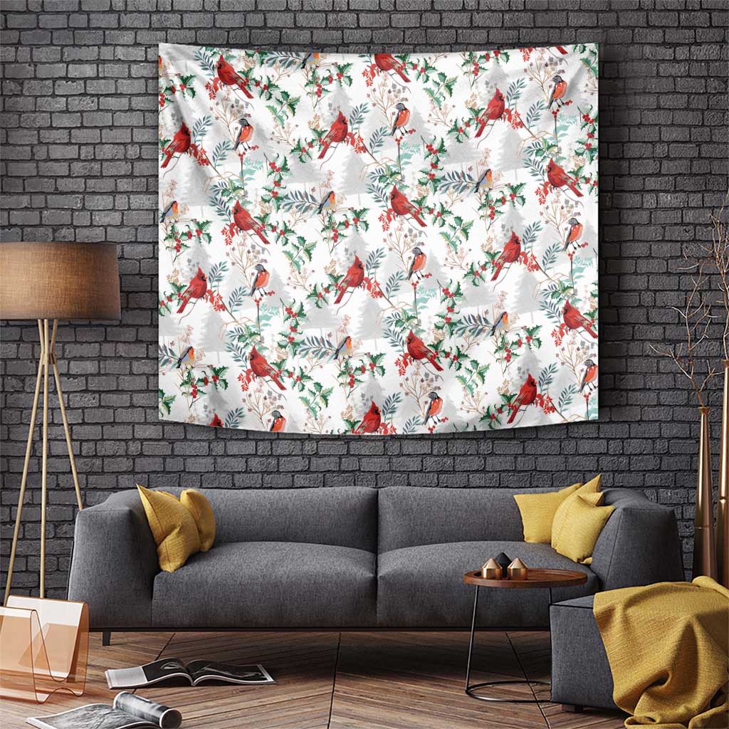 Cardinal Christmas white tapestry with scattered red cardinals and green foliage, wall hanging