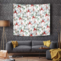 Cardinal Christmas white tapestry with scattered red cardinals and green foliage, wall hanging