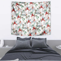 Cardinal Christmas white tapestry featuring red birds, grey details, and green leaves