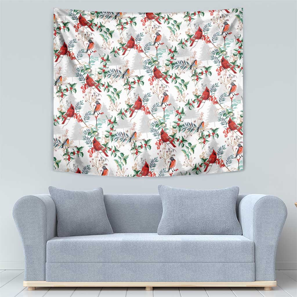 Cardinal Christmas white tapestry with red cardinals, grey birds, and green leaf sprigs