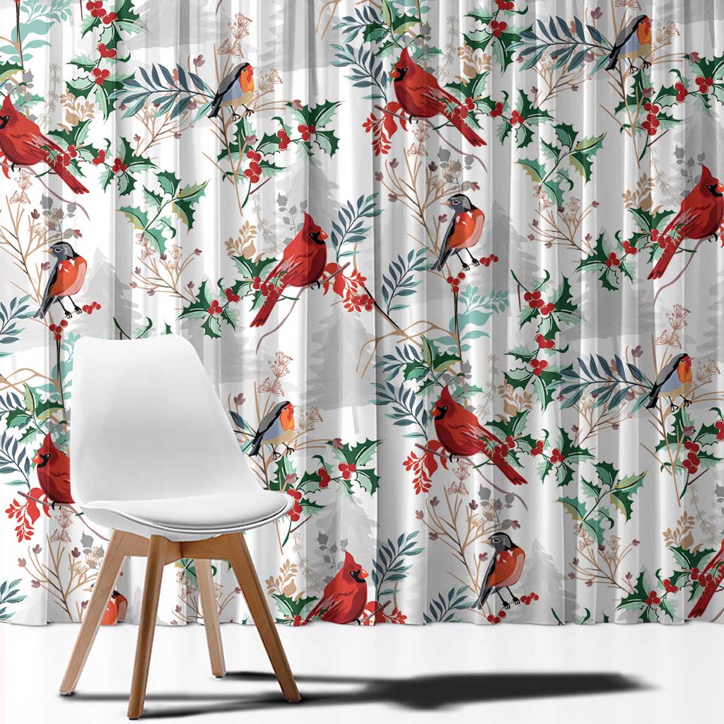 White Christmas curtain panel with red cardinals, green foliage, and leafy branch motifs