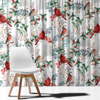 White Christmas curtain panel with red cardinals, green foliage, and leafy branch motifs
