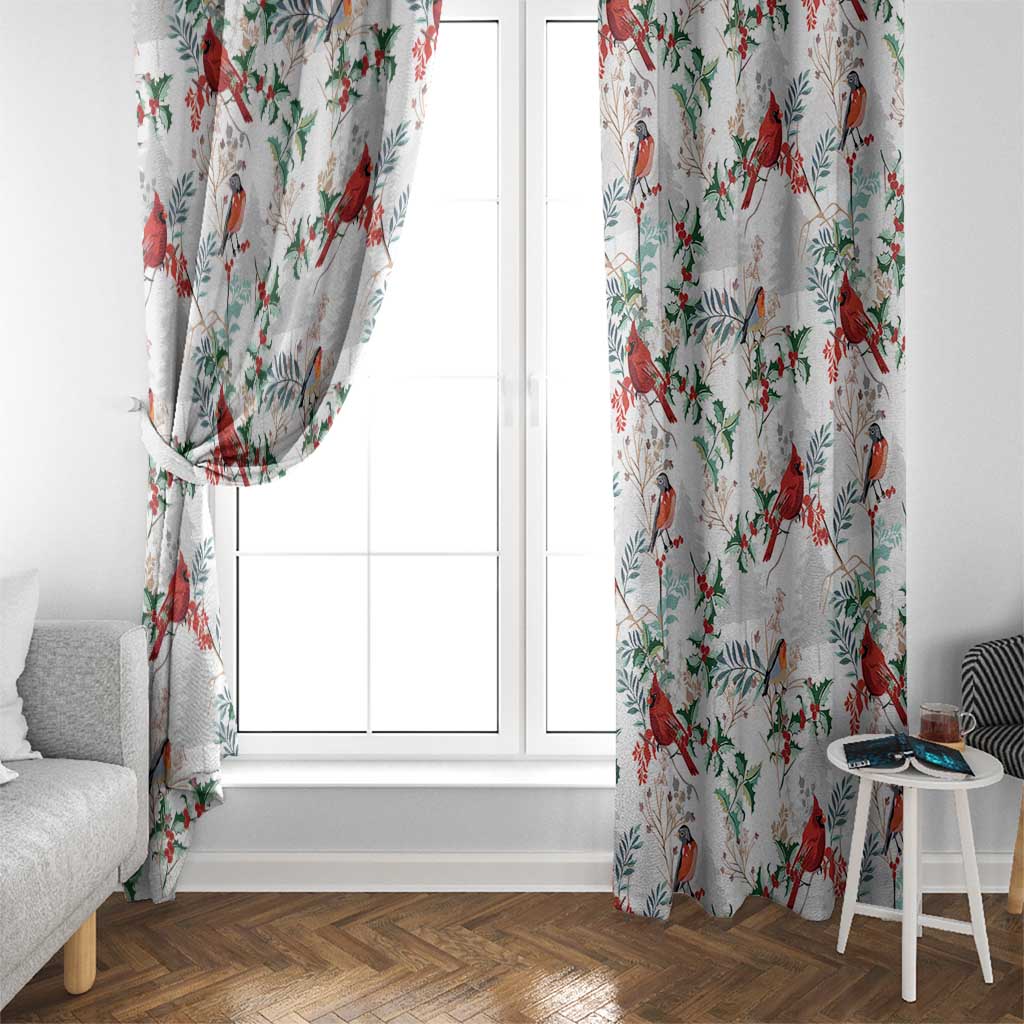 White window curtain with red cardinal and holly leaf print, gathered at the top