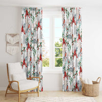 White cardinal Christmas curtain panels with red birds, green foliage, and decorative vines