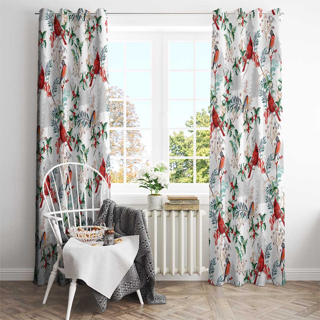 Two white Christmas curtain panels with repeating red cardinal and green leaf pattern