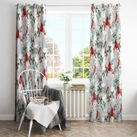 Two white Christmas curtain panels with repeating red cardinal and green leaf pattern
