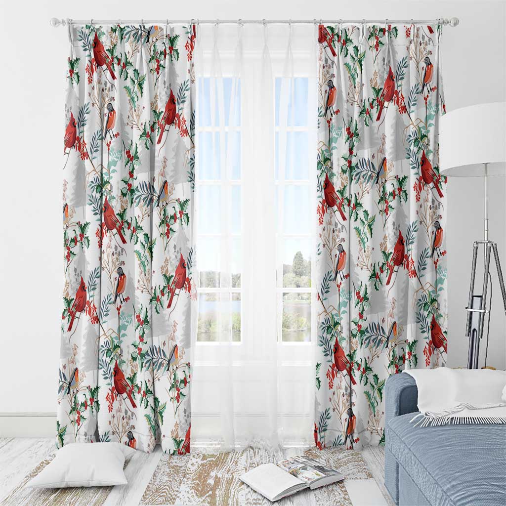 White Christmas curtain panels with red cardinal birds and green holly branches, rod-mounted