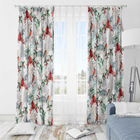 White Christmas curtain panels with red cardinal birds and green holly branches, rod-mounted