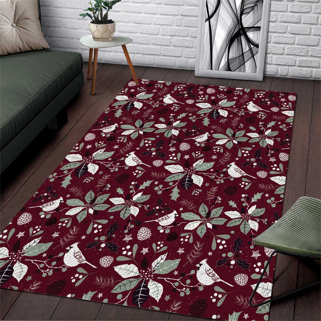Wine red area rug with white poinsettias and birdhouse/bird pattern
