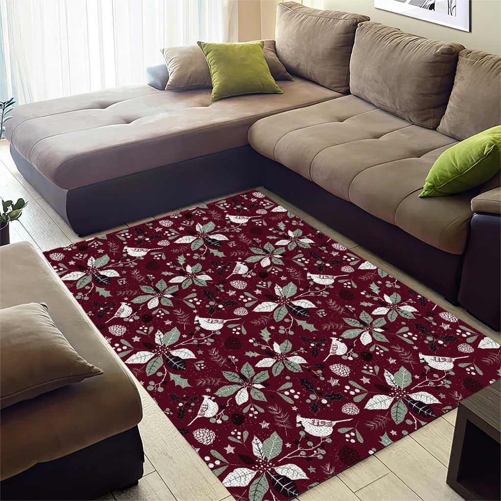 Wine red area rug with scattered white poinsettias and bird silhouettes