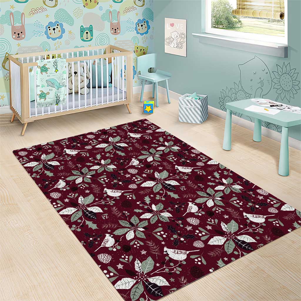 Wine red Christmas area rug with white poinsettias and bird motifs