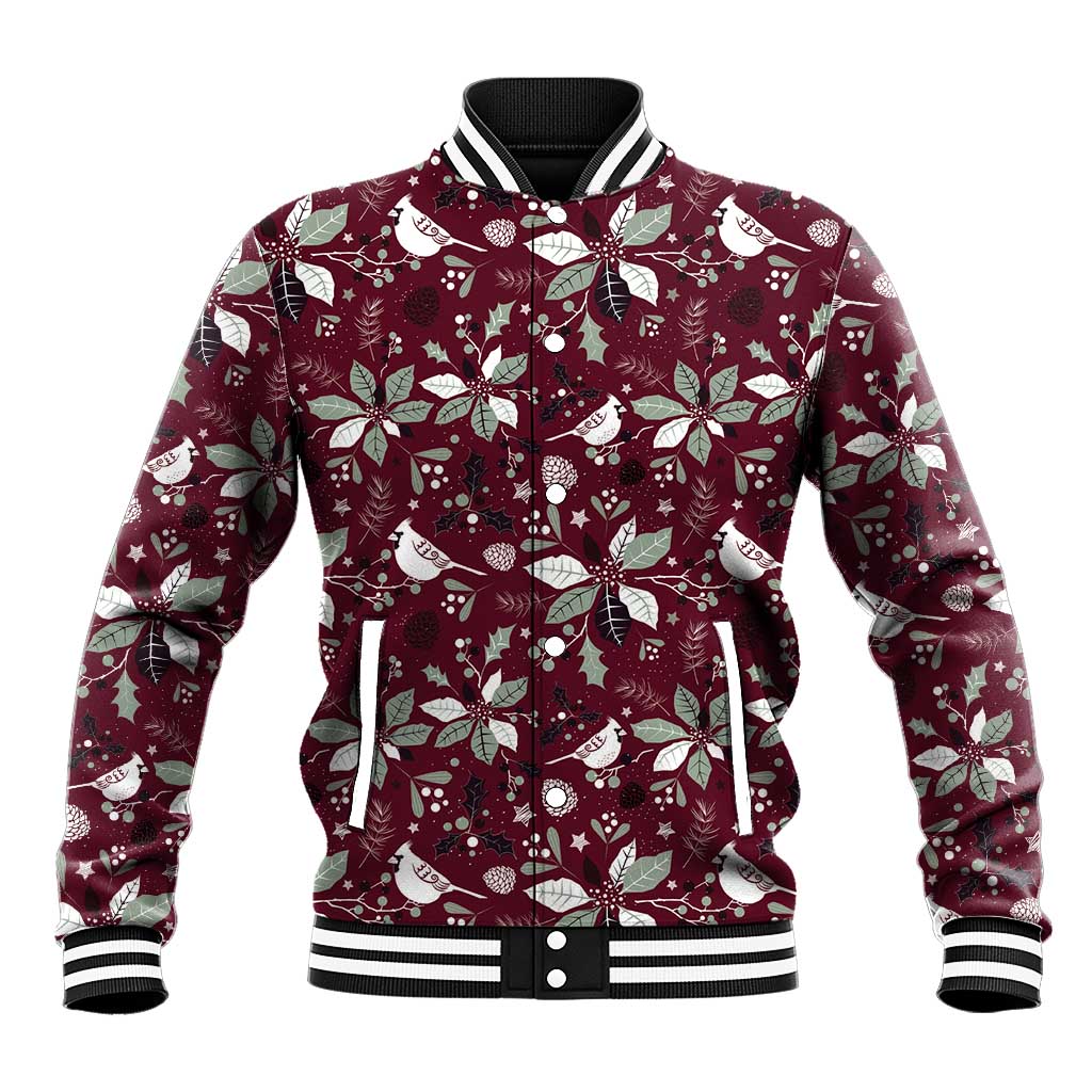 Unisex red baseball jacket with white holiday floral and bow pattern, striped collar