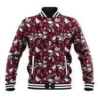 Unisex red baseball jacket with white holiday floral and bow pattern, striped collar