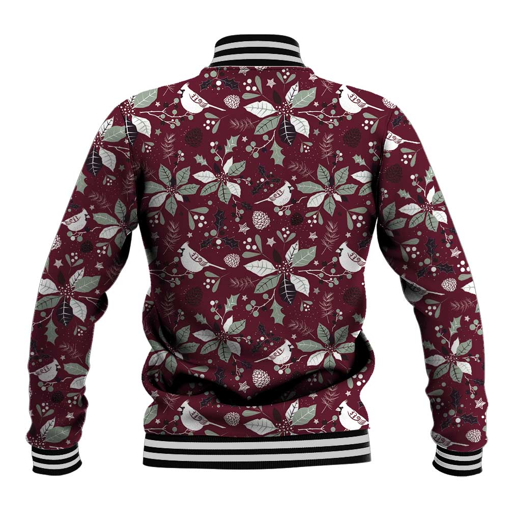 Unisex red baseball jacket back view with white holiday floral and bow pattern, ribbed cuffs