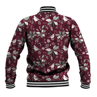 Unisex red baseball jacket back view with white holiday floral and bow pattern, ribbed cuffs