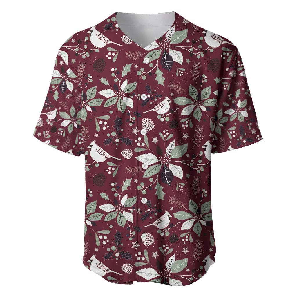 Wine red baseball jersey with festive white poinsettia, stars, and bell pattern