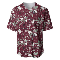 Wine red baseball jersey with festive white poinsettia, stars, and bell pattern