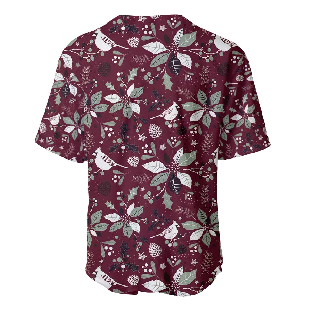 Wine red baseball jersey back with white holiday poinsettia and star pattern