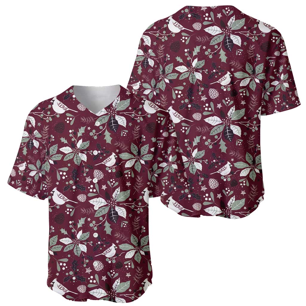 Wine red baseball jersey front and back view with white holiday poinsettia pattern