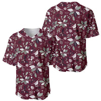 Wine red baseball jersey front and back view with white holiday poinsettia pattern