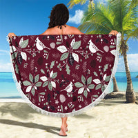 Wine-red Christmas beach blanket with white bird and foliage print, fringed tassel hem