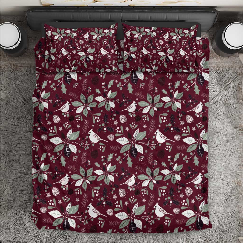 Christmas bedding set in deep red with white bird and poinsettia pattern, two pillows