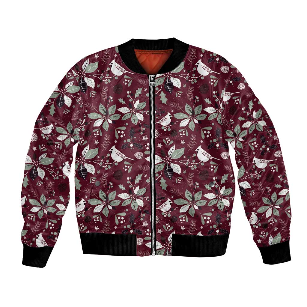 Wine red bomber jacket with Christmas birds, poinsettias, and front zip; black ribbed cuffs