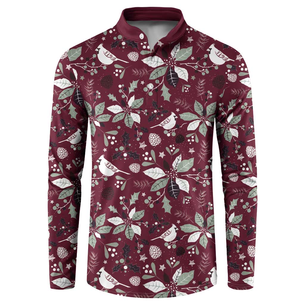 Men's holiday button-front sweatshirt in wine red with white bird and leaf pattern