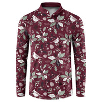 Men's holiday button-front sweatshirt in wine red with white bird and leaf pattern