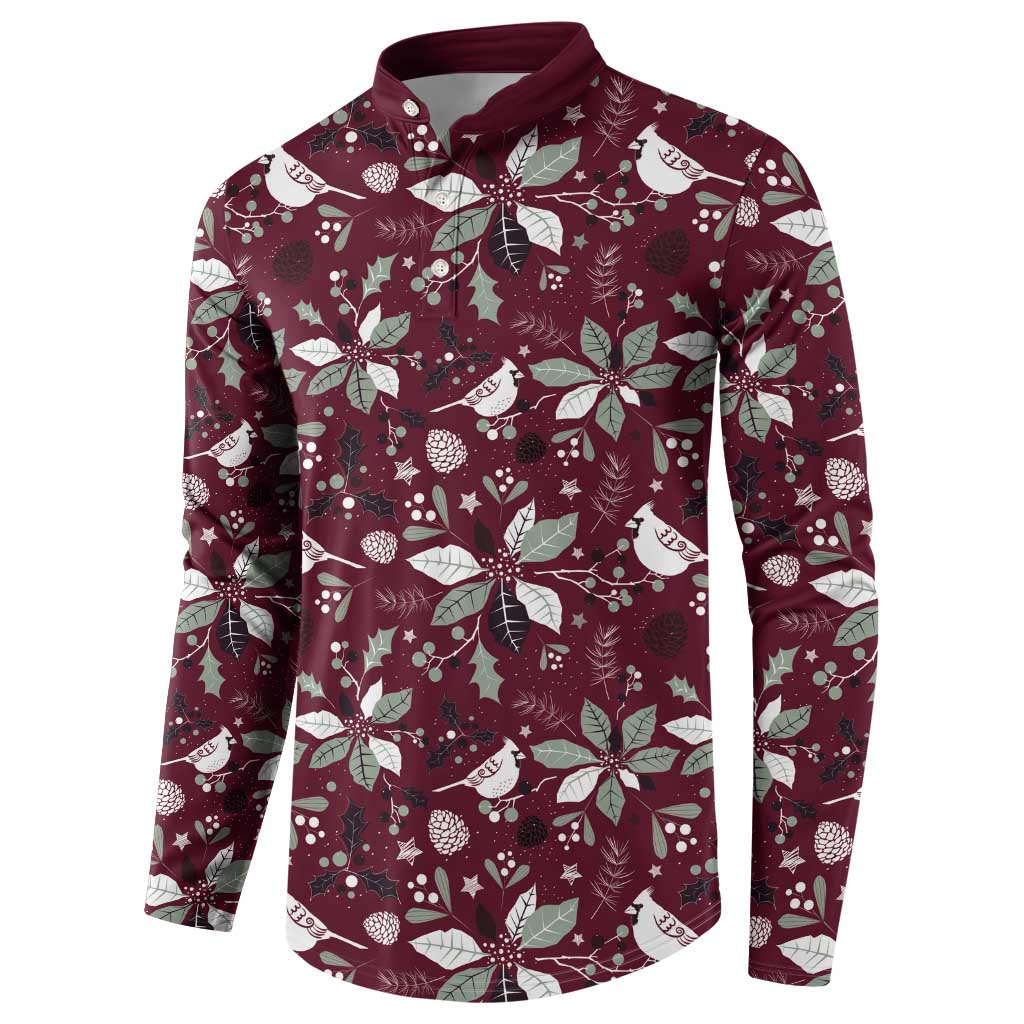 Men's holiday button-front sweatshirt front view in wine red with white bird and leaf pattern