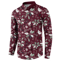 Men's holiday button-front sweatshirt front view in wine red with white bird and leaf pattern