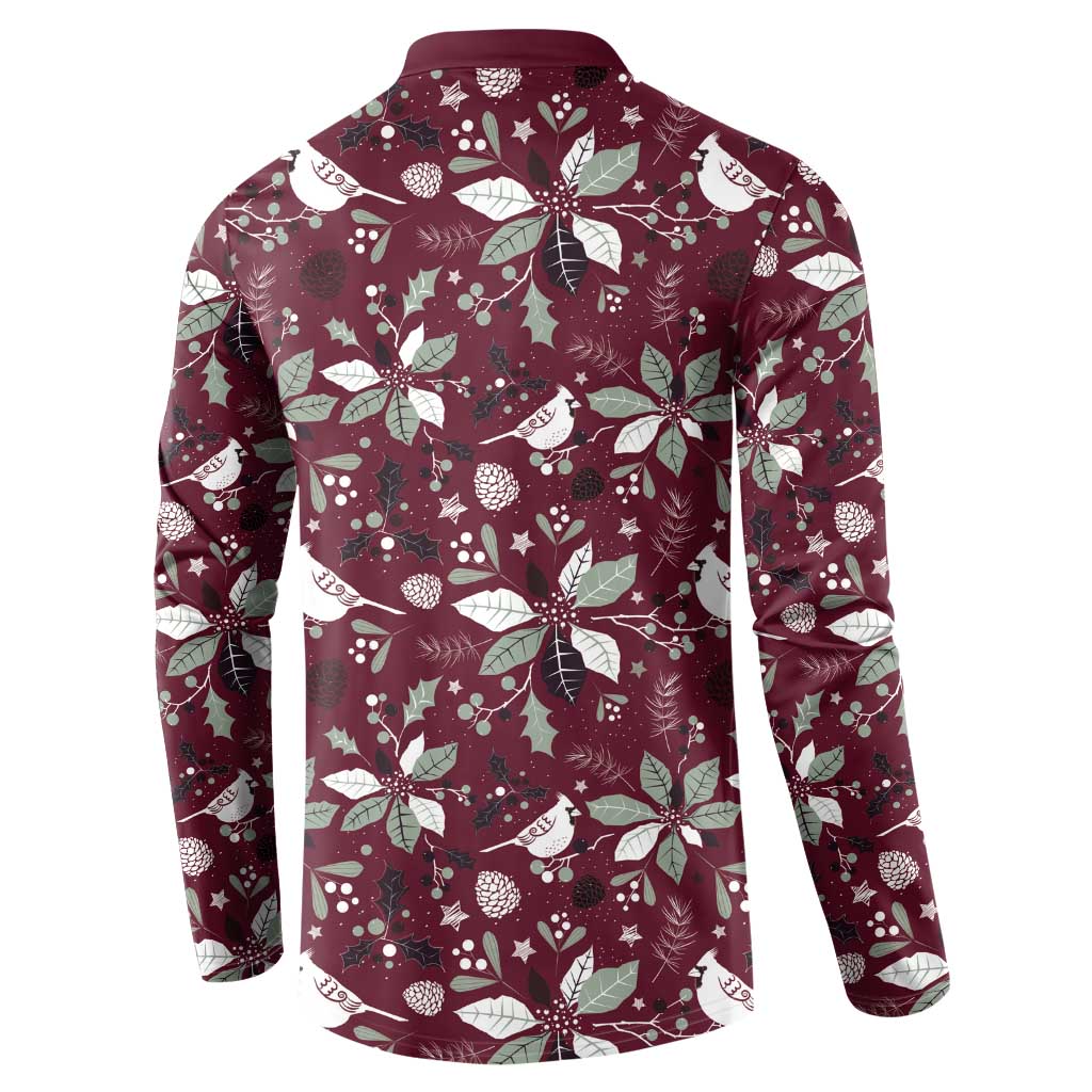 Men's holiday button-front sweatshirt back view in wine red with white bird and leaf pattern