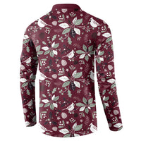 Men's holiday button-front sweatshirt back view in wine red with white bird and leaf pattern
