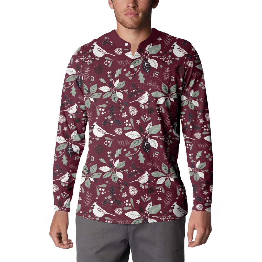 Men's holiday button-front sweatshirt on model, wine red with white bird and leaf pattern
