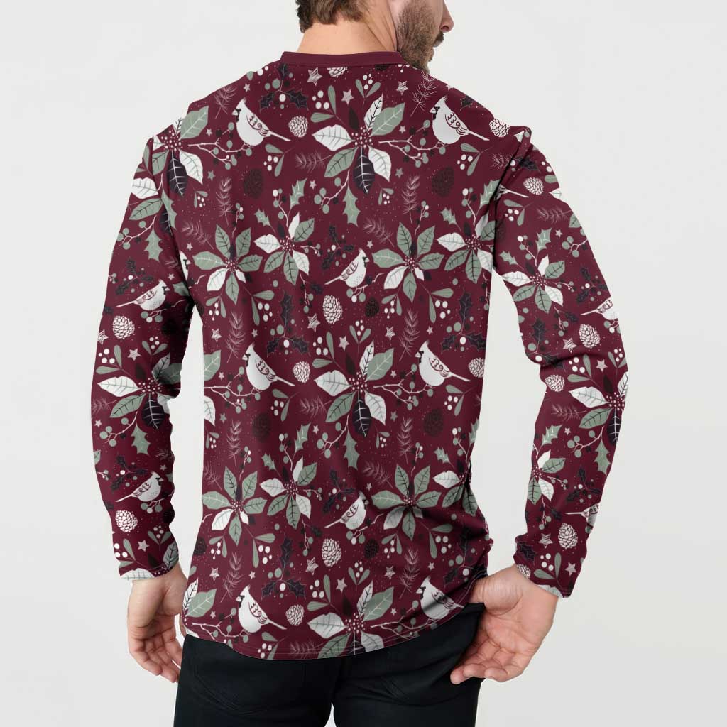 Men's holiday button-front sweatshirt back view, wine red with white bird and leaf pattern