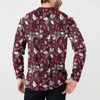 Men's holiday button-front sweatshirt back view, wine red with white bird and leaf pattern