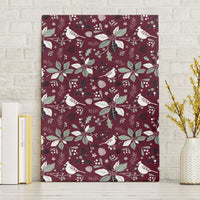 Wine red canvas wall art with white cardinal, poinsettia, and leaf holiday pattern
