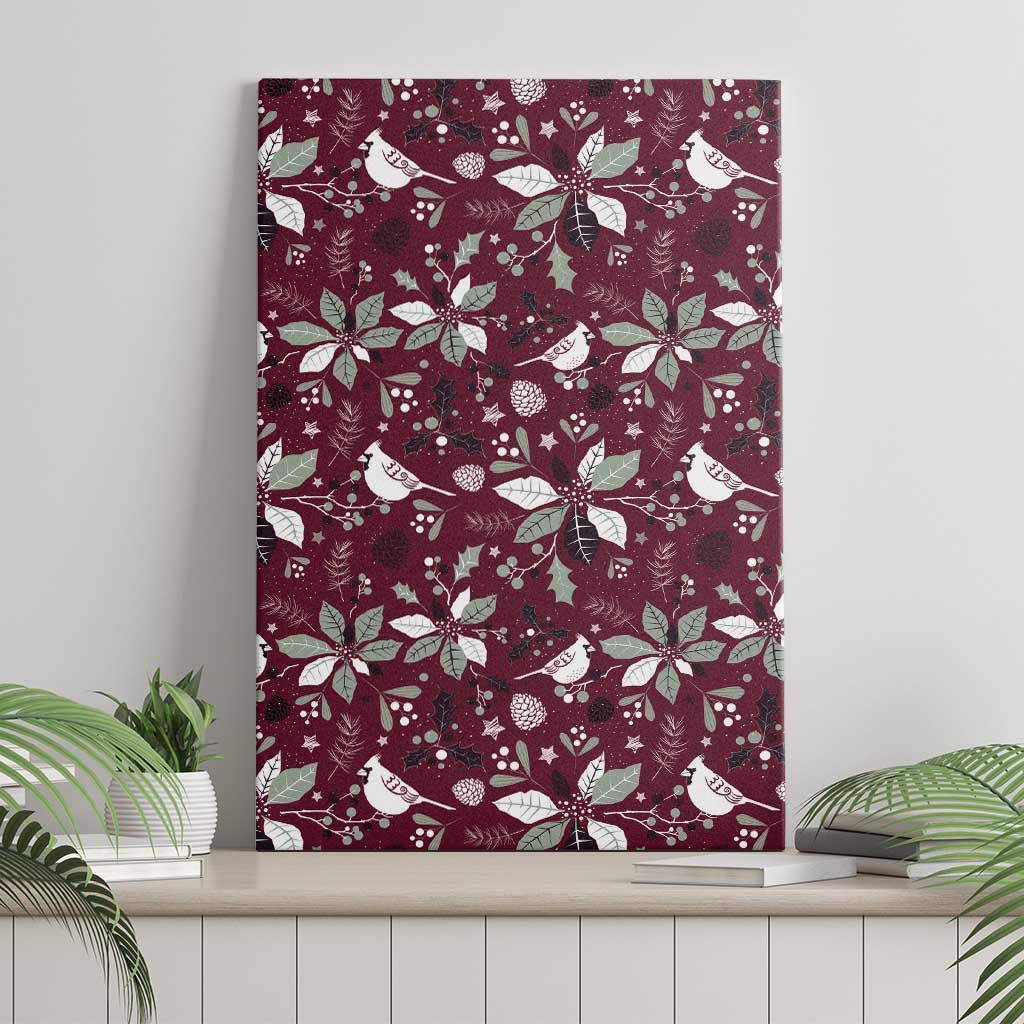 Wine red canvas wall art panel featuring white cardinals and poinsettia leaf pattern