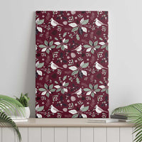 Wine red canvas wall art panel featuring white cardinals and poinsettia leaf pattern