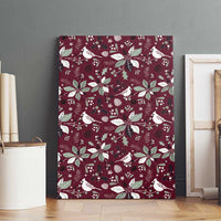 Wine red canvas wall art with repeating white cardinal, pine, and poinsettia holiday design