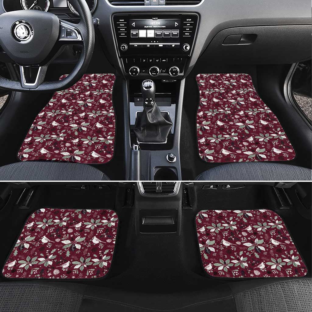 Wine red car floor mats with Christmas motif, shown in the front seating area