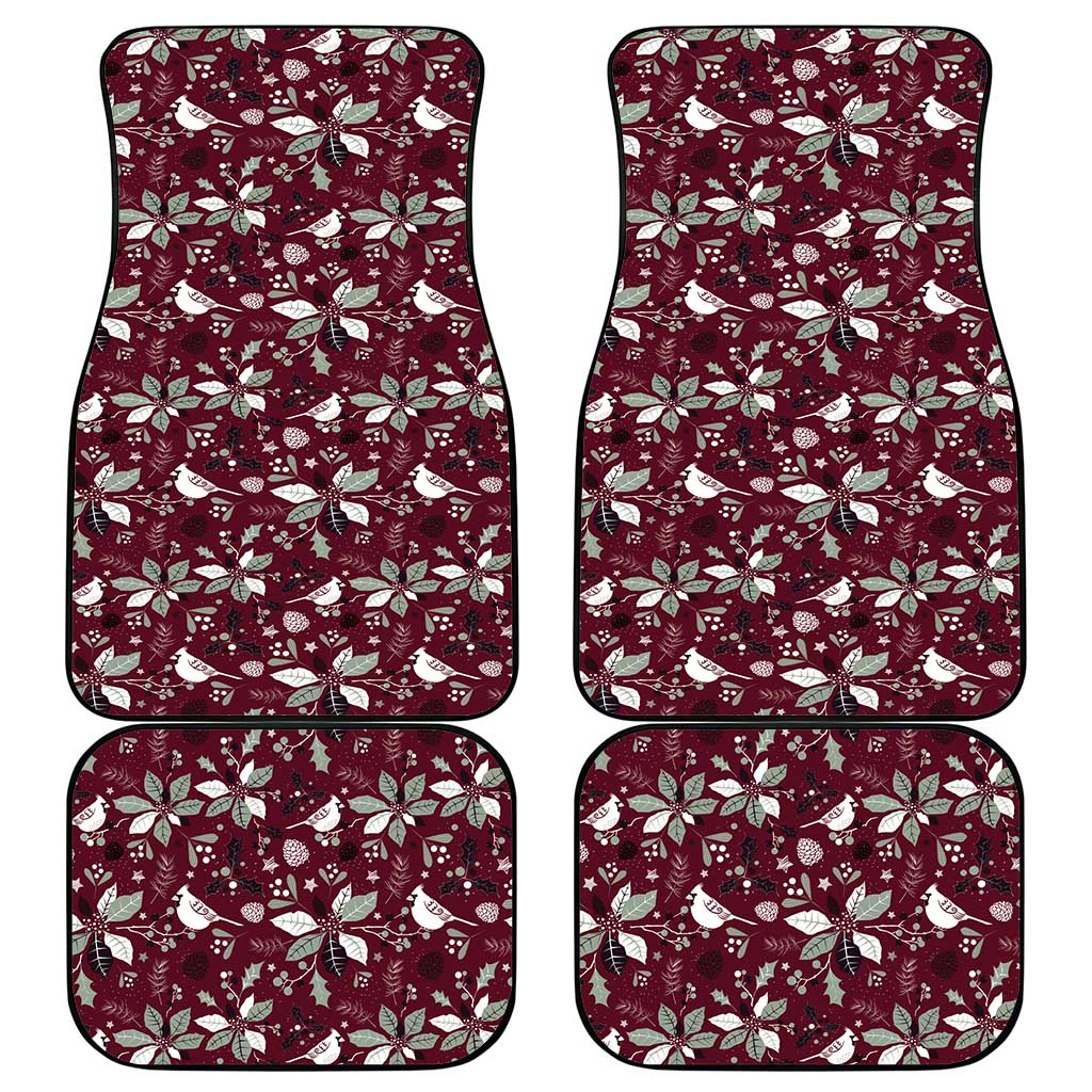 Four wine red car mats with Christmas motif and stitched border edges