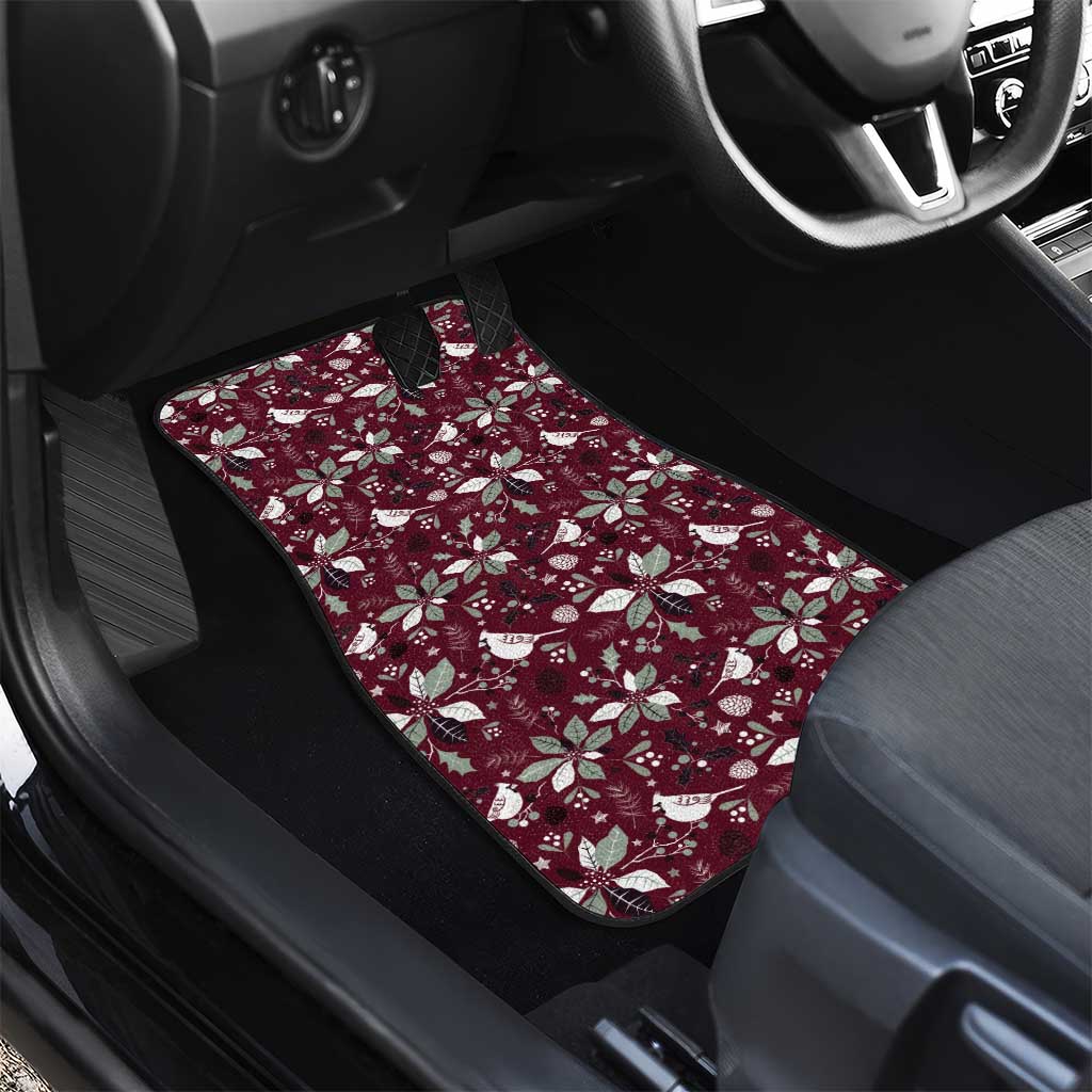 Wine red car floor mat with Christmas leaf pattern, placed on rear passenger seat